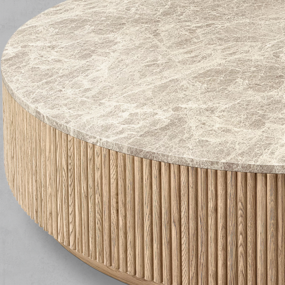 Mulholland Oak Wood & Stone Round Coffee Table-Fullstarlighting