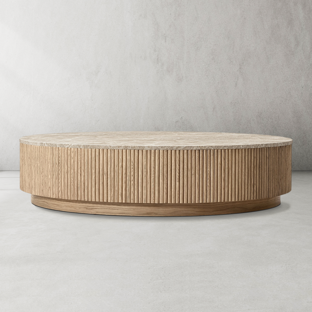 Mulholland Oak Wood & Stone Round Coffee Table-Fullstarlighting
