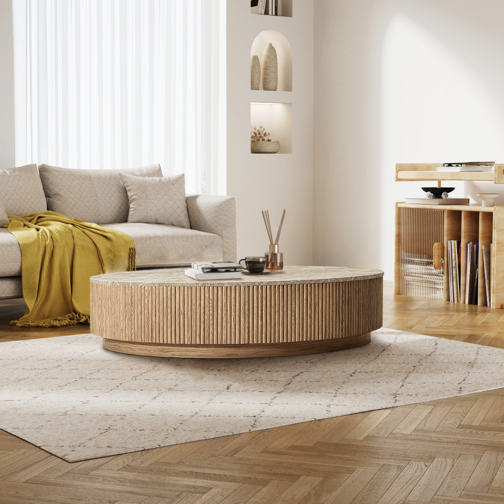 Mulholland Oak Wood & Stone Round Coffee Table-Fullstarlighting