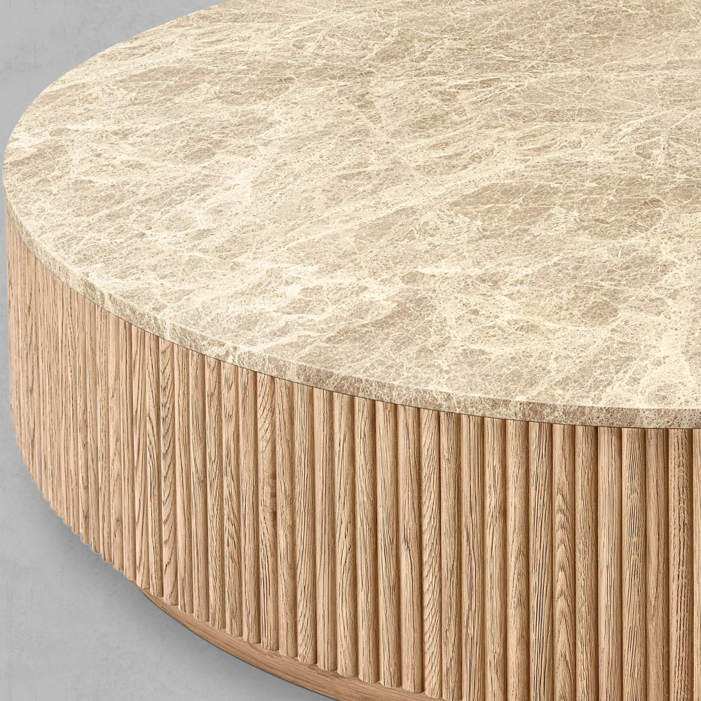Mulholland Oak Wood & Stone Round Coffee Table-Fullstarlighting
