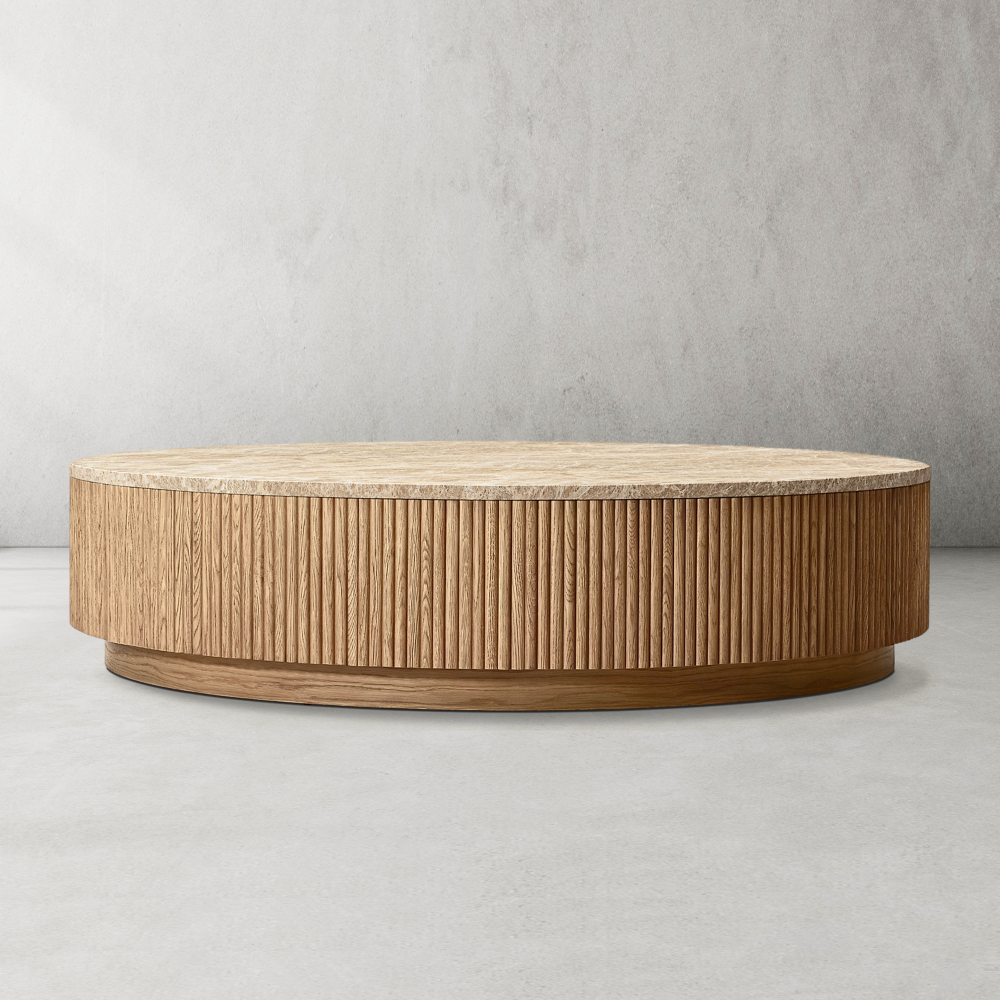 Mulholland Oak Wood & Stone Round Coffee Table-Fullstarlighting