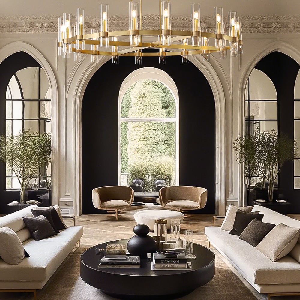 Rachel Round Brass Glass Cylinder Chandelier 60″-Fullstarlighting