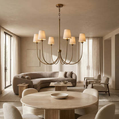 Saylor 6-Light Curved Arm Chandelier with Linen Shades-Fullstarlighting