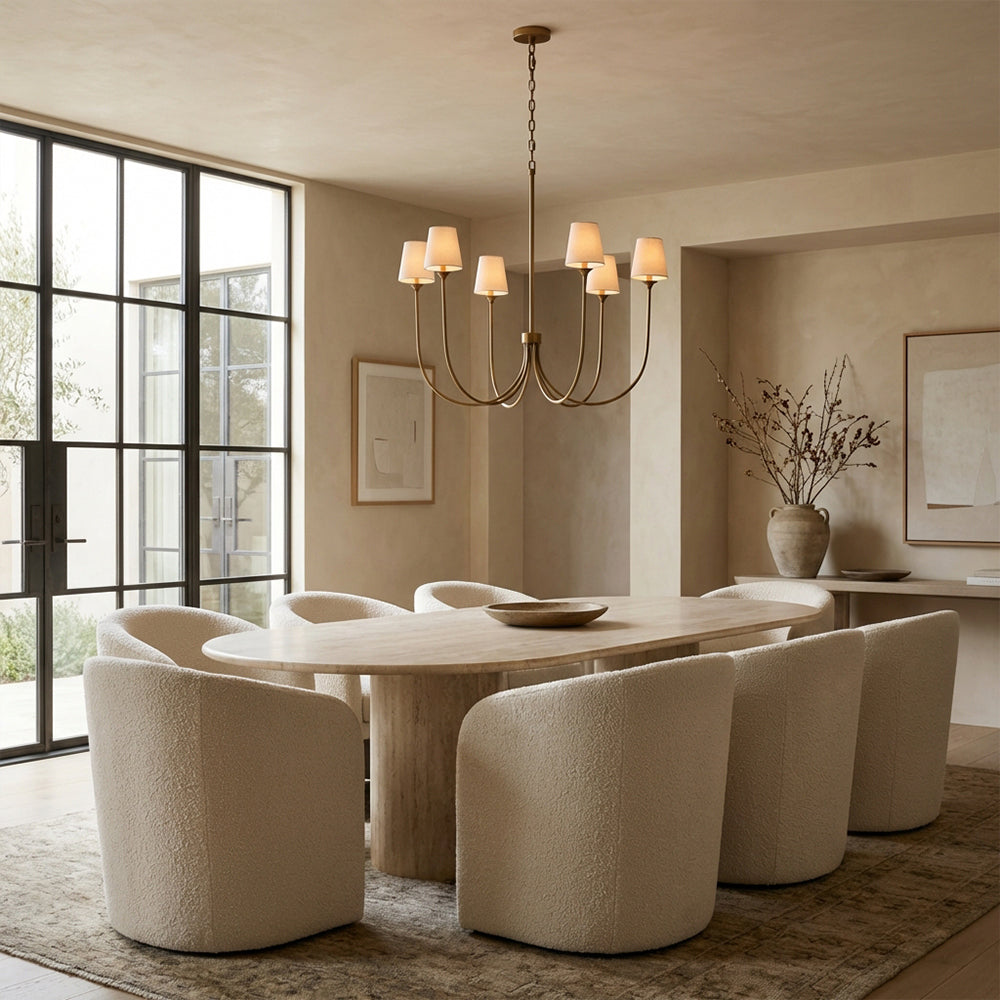 Saylor 6-Light Curved Arm Chandelier with Linen Shades-Fullstarlighting