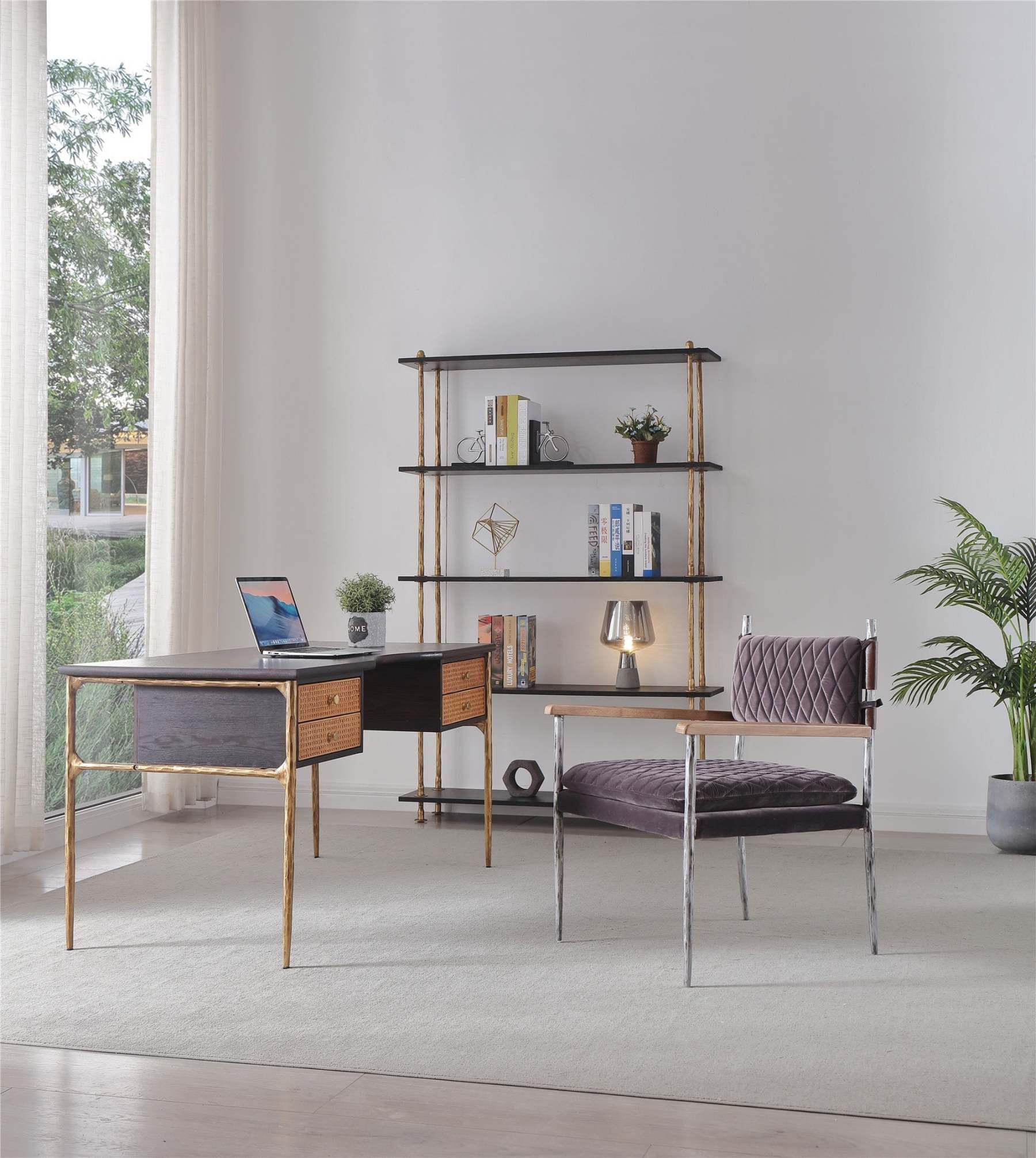 Thomson Retro Brass Iron Frame Rattan Desk