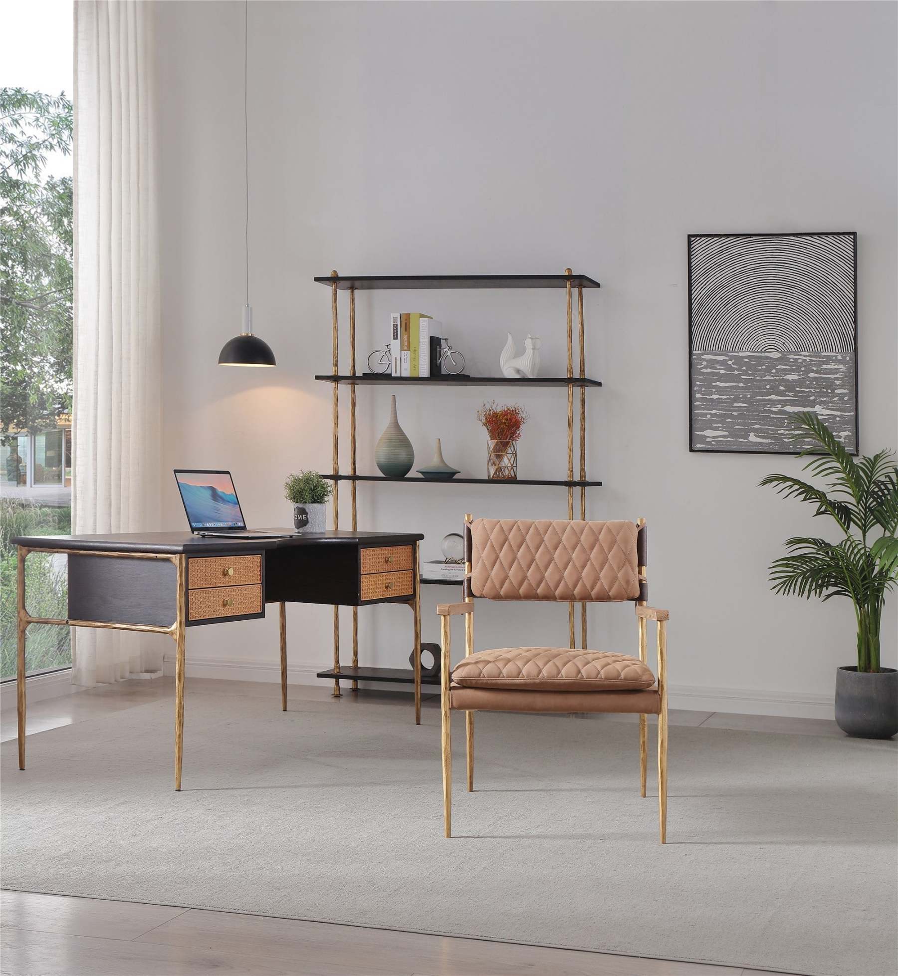 Thomson Retro Brass Iron Frame Rattan Desk
