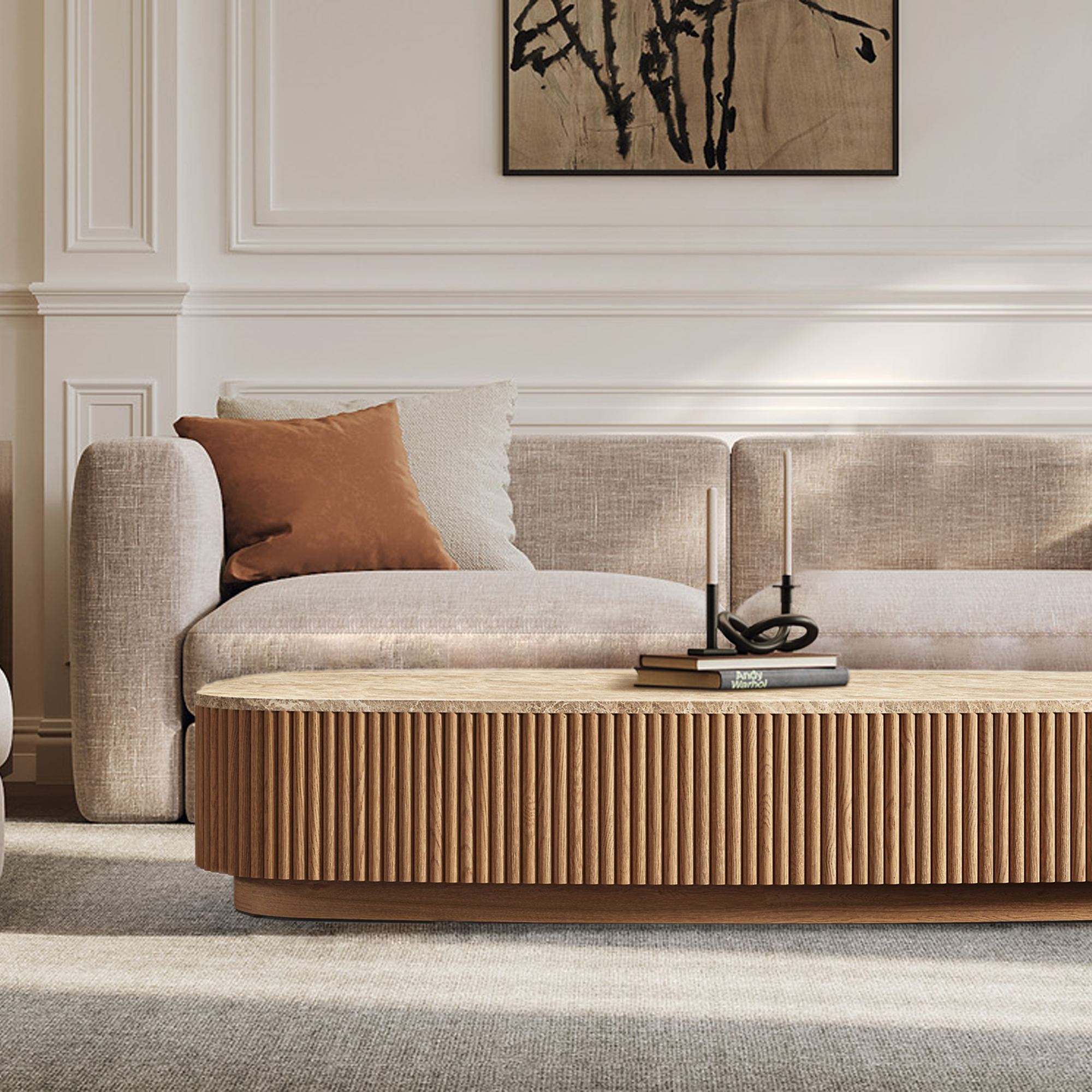 Mulholland Oak Wood & Stone Coffee Table-Fullstarlighting