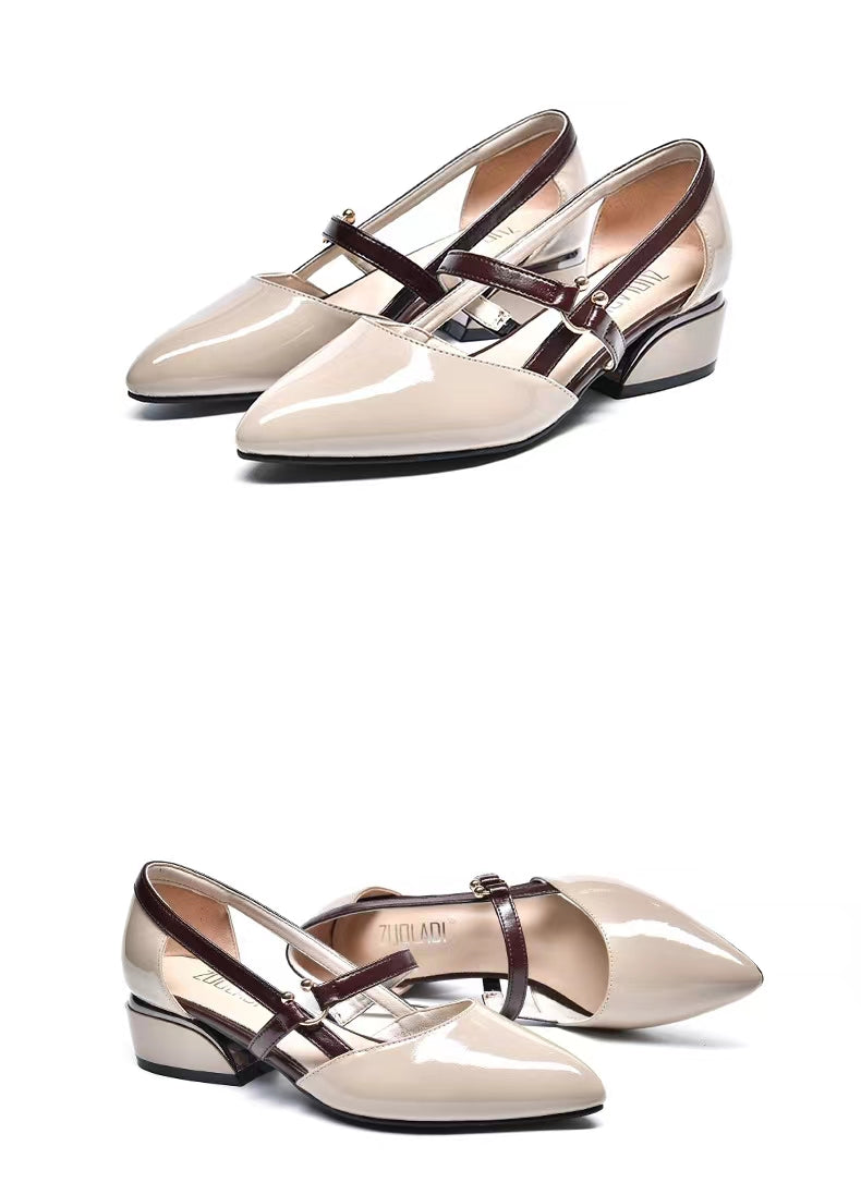 2024 Nowe szpiczaste sandały z miękkiej skóry na niskim obcasie