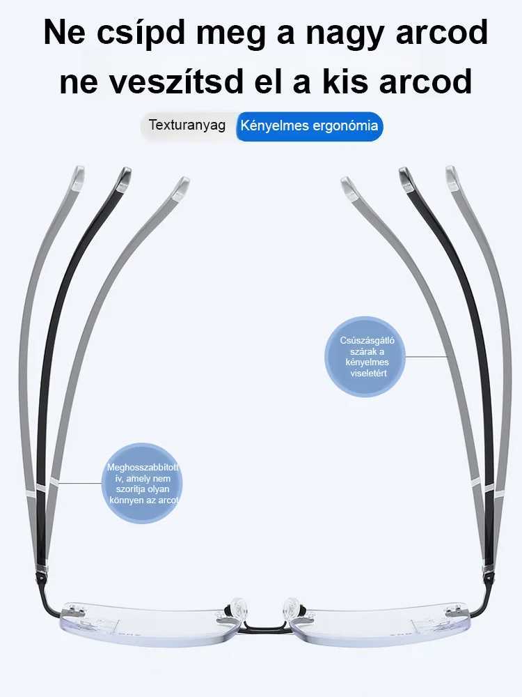 Gyémántcsiszolt szélű, keret nélküli, kékfény elleni színváltós szemüveg