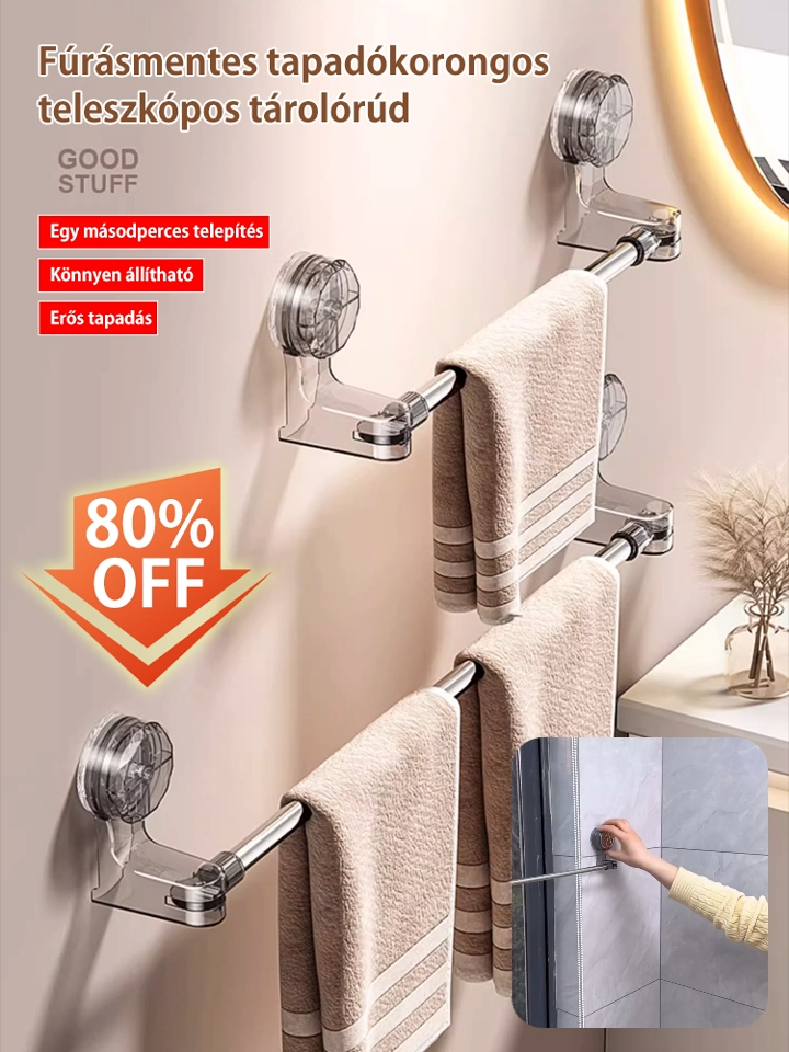 Lyukasztás nélküli tapadókorongos teleszkópos tárolórúd