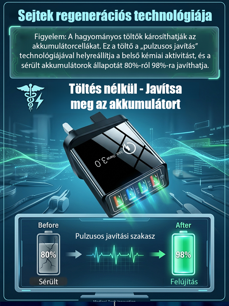 【Növelje a telefon akkumulátorának élettartamát】 Négyportos utazótöltő