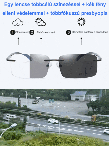 Gyémántcsiszolt szélű, keret nélküli, kékfény elleni színváltós szemüveg