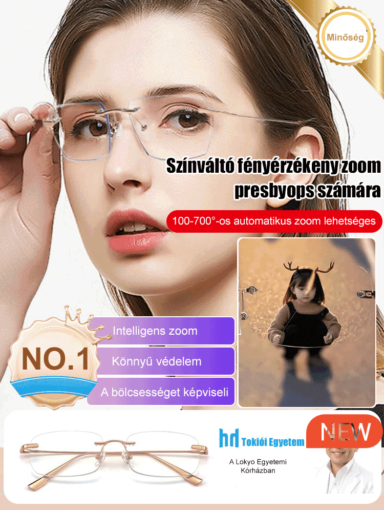 【Férfi és női modellek】Színváltós zoom perem nélküli presbyopia szemüveg 