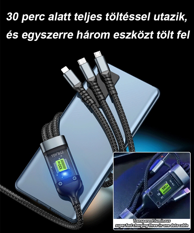 Átlátszó világító szupergyors 3 az 1-ben kábel