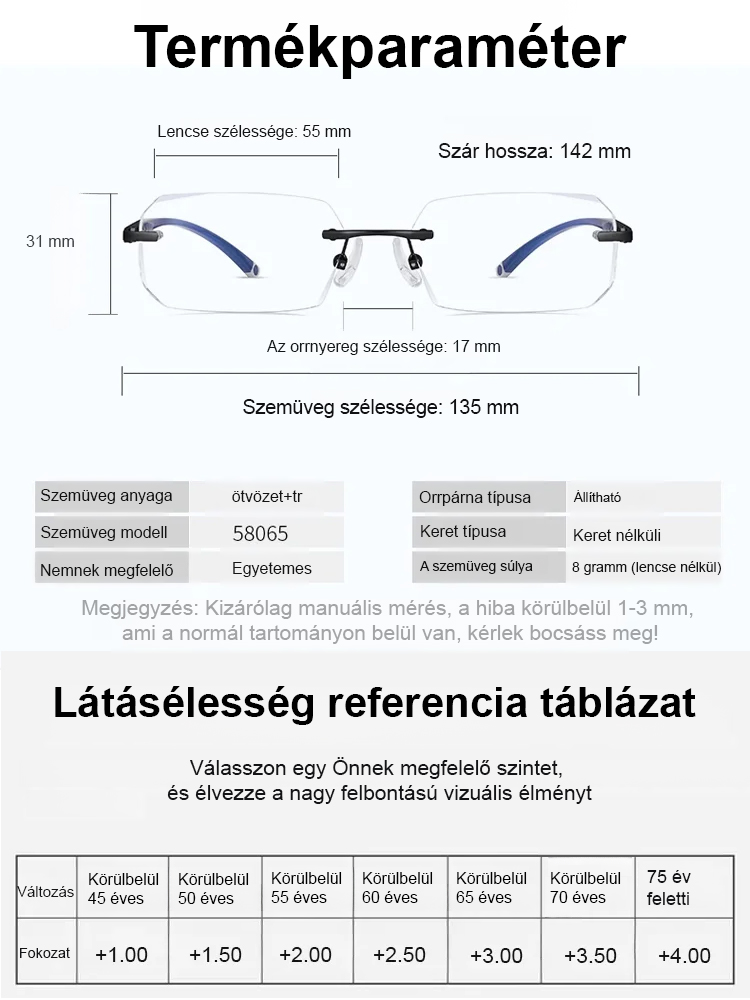 Gyémántcsiszolt szélű, keret nélküli, kékfény elleni színváltós szemüveg