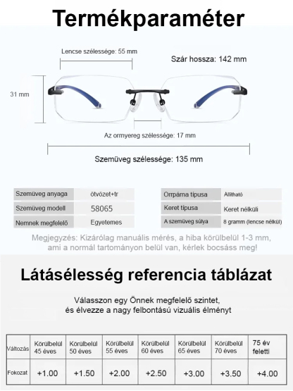 Gyémántcsiszolt szélű, keret nélküli, kékfény elleni színváltós szemüveg