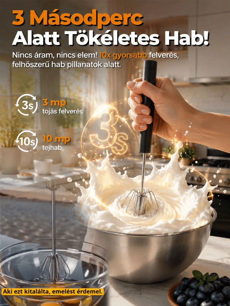 Konyhai kiárusítás Magyarországon! Az áram nélküli turbó habverő most 50%-kal olcsóbb. 1000 fordulat/perc – 10x gyorsabb felverés! A profi konyhai habverő most a tiéd lehet.