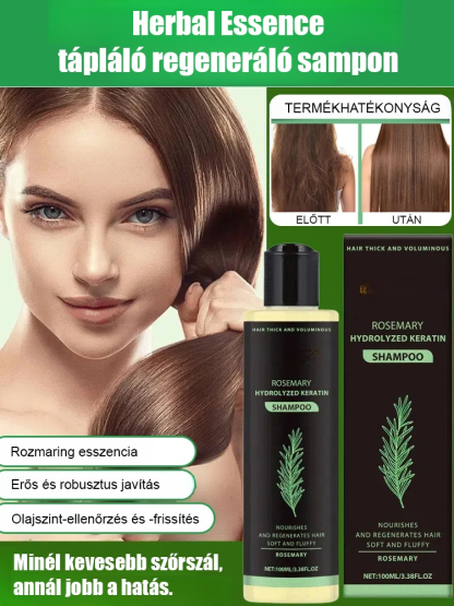 Minél kevesebb a haj, annál jobb a hatás: gyógynövényes esszenciával tápláló és helyreállító sampon.