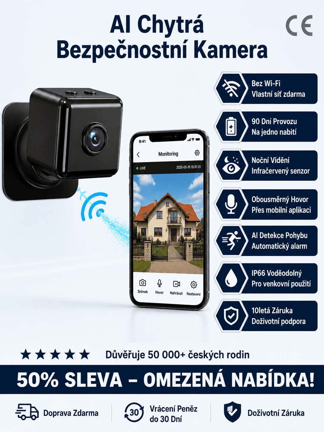 Bezdrátová inteligentní bezpečnostní kamera: Žádná WiFi,výdrž 5 let