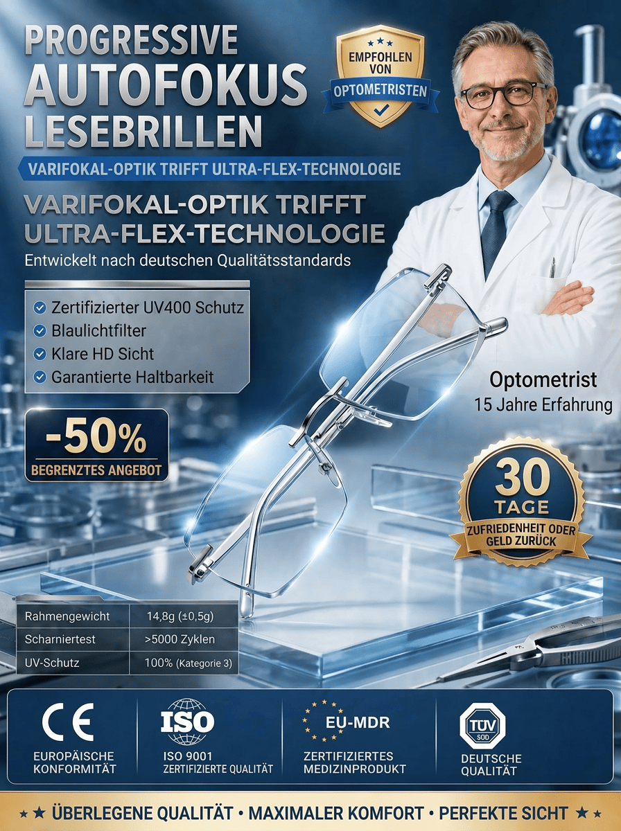 Die revolutionäre Zoom-Lesebrille aus Titan – Superleicht, flexibel und photochrom