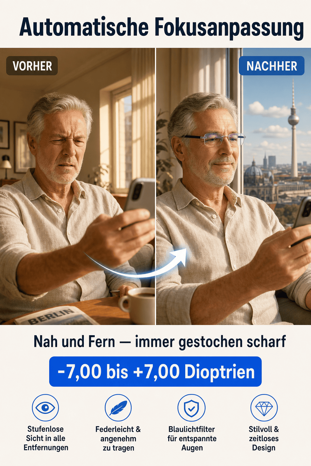Zoom-Lesebrille/100-700 Grad/Lesebrille mit Autofokus/geeignet für Nah- und Fernsicht