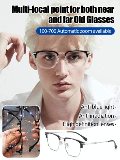 Auto-Focus Eyeglasses with Adjustable Eyebrow Frame and Blue Light Blocking for Presbyopia