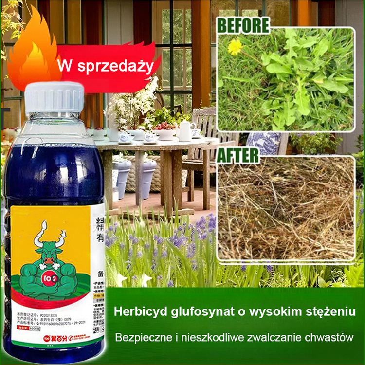 Skutecznie eliminuje chwasty, nie szkodzi glebie, jedna butelka wystarcza na 3-5 mu.