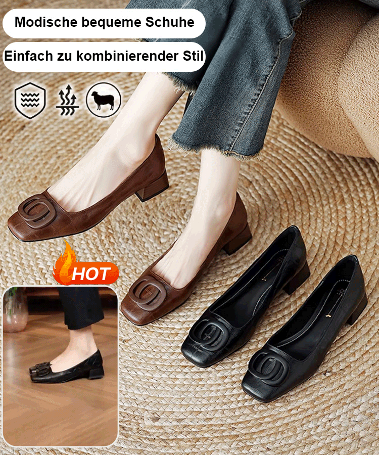 Weiche Ledermetall-Quadratkappe flacher Absatz Pumps für Damen