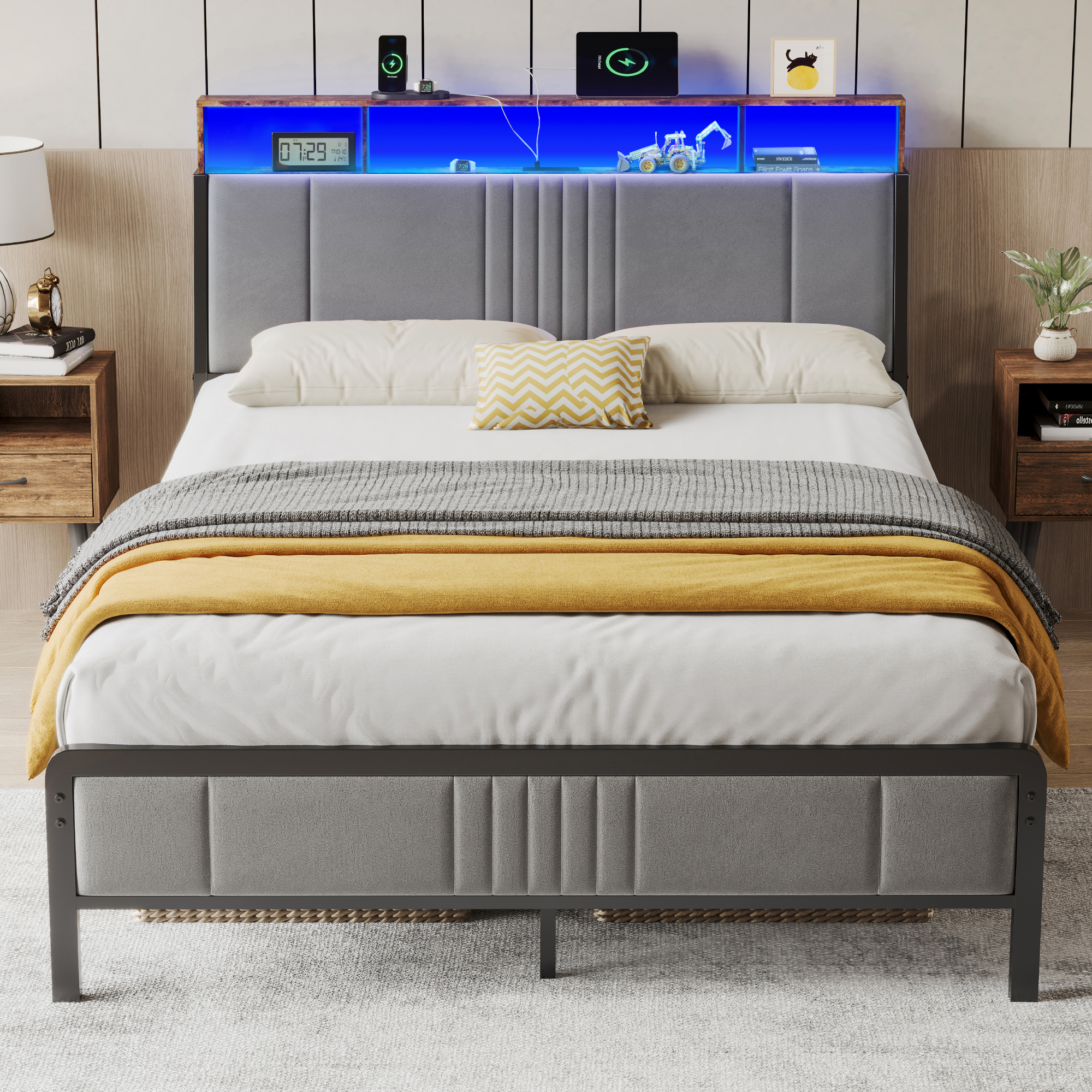 BedsPick Bed Frame with Ergonomic Headboard, Upholstered Metal Platform Bed Queen Size with 2-Tier Storage, Charging Station, Smart LED Lights, Easy Assembly, No Box Spring Needed, Gray
