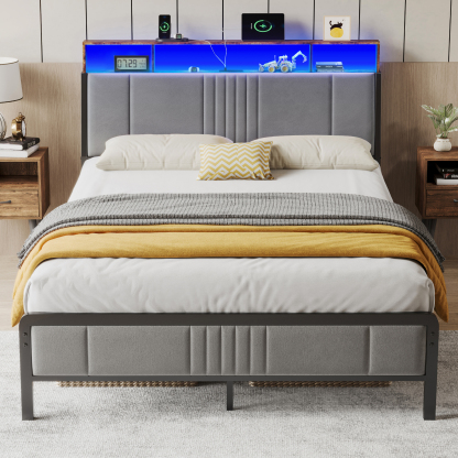 BedsPick Bed Frame with Ergonomic Headboard, Upholstered Metal Platform Bed Queen Size with 2-Tier Storage, Charging Station, Smart LED Lights, Easy Assembly, No Box Spring Needed, Gray