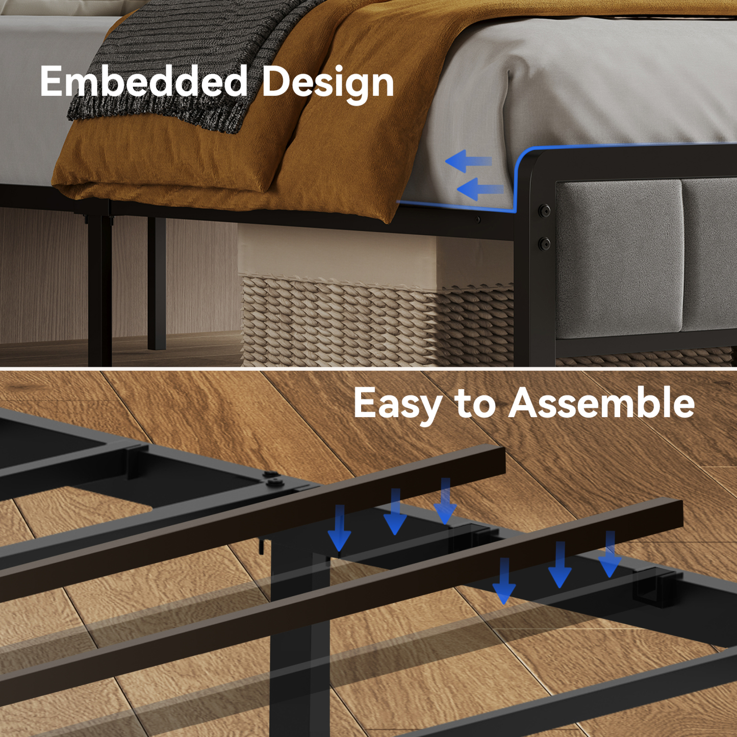 BedsPick Bed Frame with Ergonomic Headboard, Upholstered Metal Platform Bed Queen Size with 2-Tier Storage, Charging Station, Smart LED Lights, Easy Assembly, No Box Spring Needed, Gray