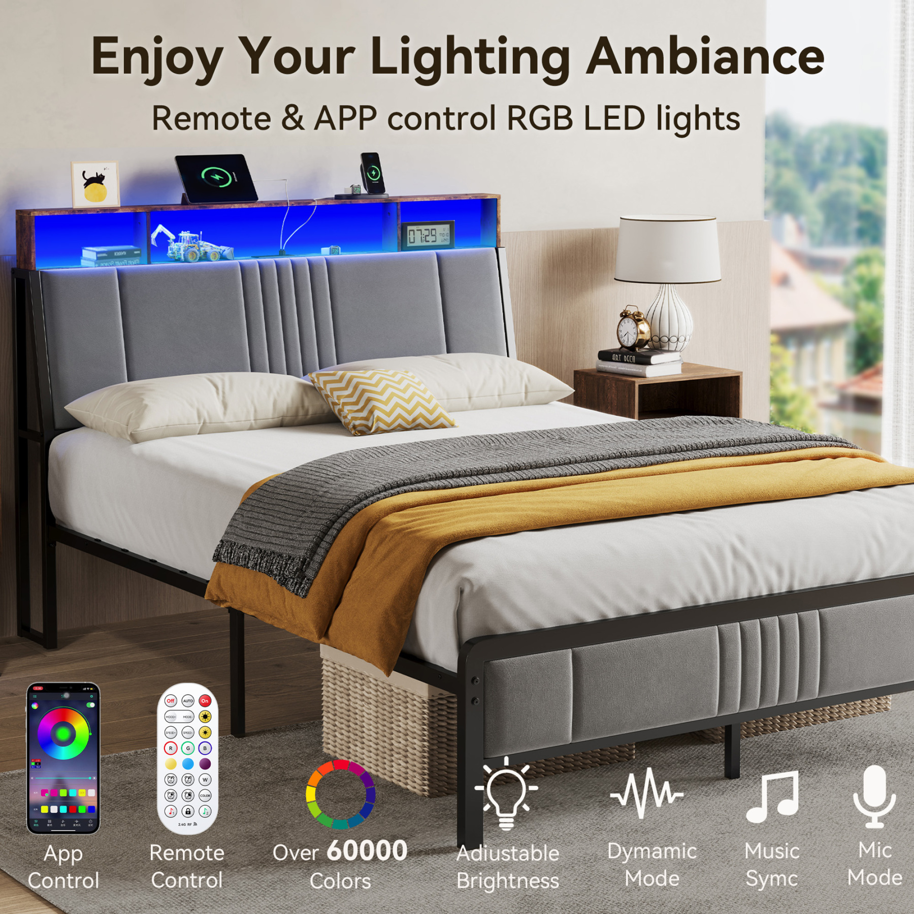 BedsPick Bed Frame with Ergonomic Headboard, Upholstered Metal Platform Bed Queen Size with 2-Tier Storage, Charging Station, Smart LED Lights, Easy Assembly, No Box Spring Needed, Gray