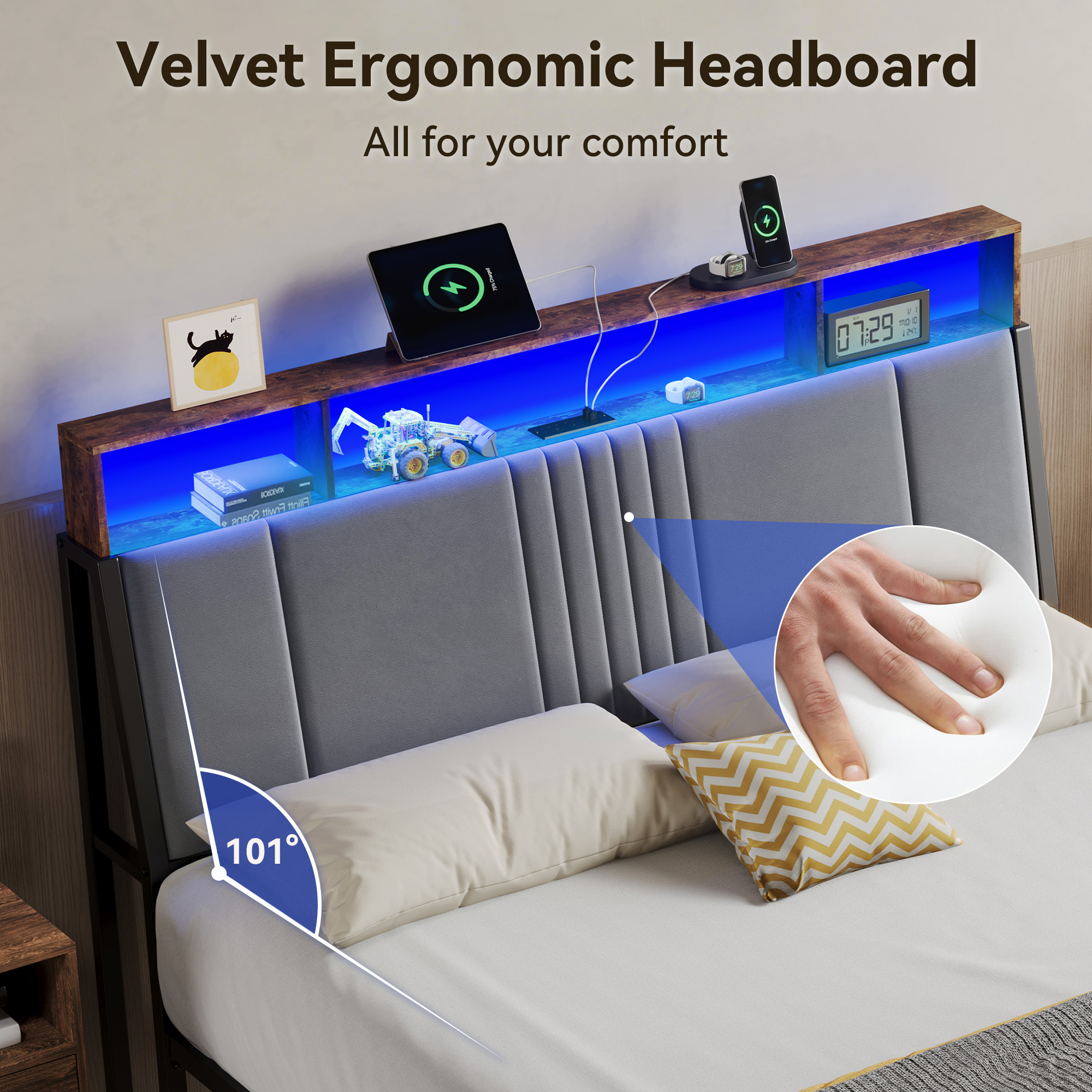 BedsPick Bed Frame with Ergonomic Headboard, Upholstered Metal Platform Bed Queen Size with 2-Tier Storage, Charging Station, Smart LED Lights, Easy Assembly, No Box Spring Needed, Gray