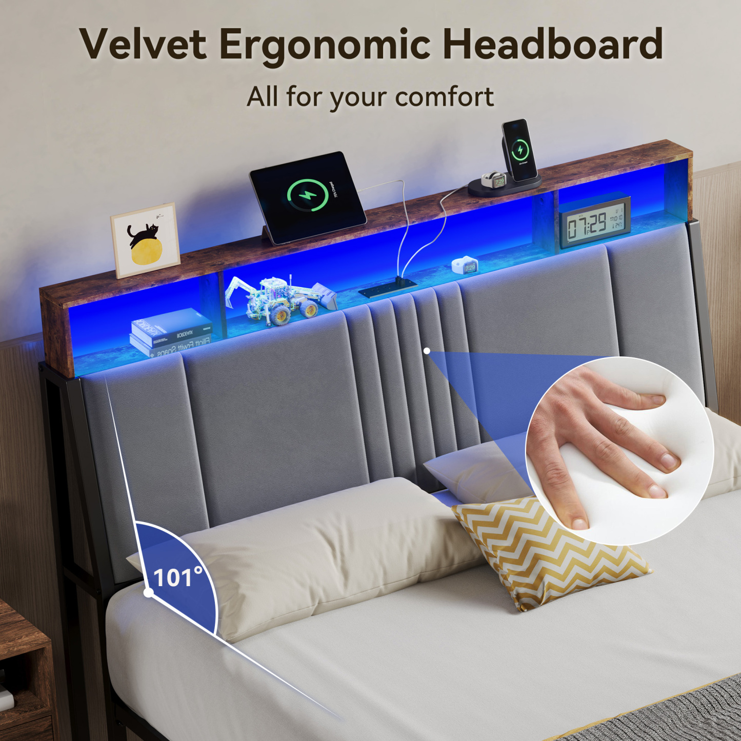 BedsPick Bed Frame with Ergonomic Headboard, Upholstered Metal Platform Bed Queen Size with 2-Tier Storage, Charging Station, Smart LED Lights, Easy Assembly, No Box Spring Needed, Gray