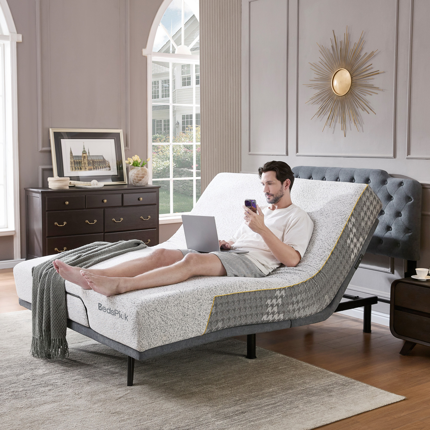 BedsPick Adjustable Bed Frame Queen - Wireless Remote and Headboard,Zero Gravity Adjustable Bed Base,4 Ports USB A&C,Electric Bed,Memory Position,Independent Head and Foot Incline,Stress Relief