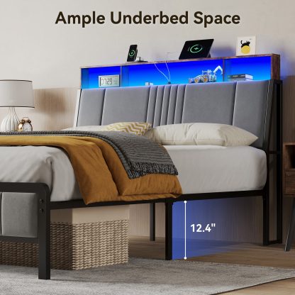 BedsPick Bed Frame with Ergonomic Headboard, Upholstered Metal Platform Bed Queen Size with 2-Tier Storage, Charging Station, Smart LED Lights, Easy Assembly, No Box Spring Needed, Gray