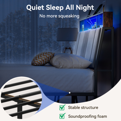 BedsPick Bed Frame with Ergonomic Headboard, Upholstered Metal Platform Bed Queen Size with 2-Tier Storage, Charging Station, Smart LED Lights, Easy Assembly, No Box Spring Needed, Gray