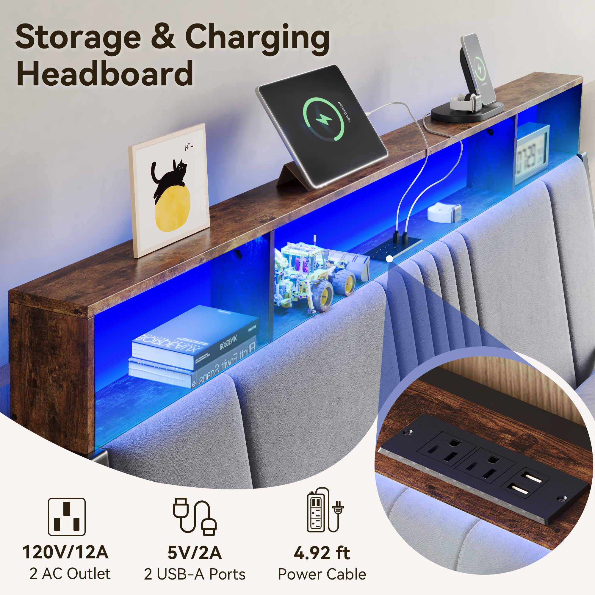 BedsPick Bed Frame with Ergonomic Headboard, Upholstered Metal Platform Bed Queen Size with 2-Tier Storage, Charging Station, Smart LED Lights, Easy Assembly, No Box Spring Needed, Gray