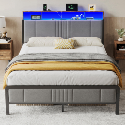 BedsPick Bed Frame with Ergonomic Headboard, Upholstered Metal Platform Bed Queen Size with 2-Tier Storage, Charging Station, Smart LED Lights, Easy Assembly, No Box Spring Needed, Gray