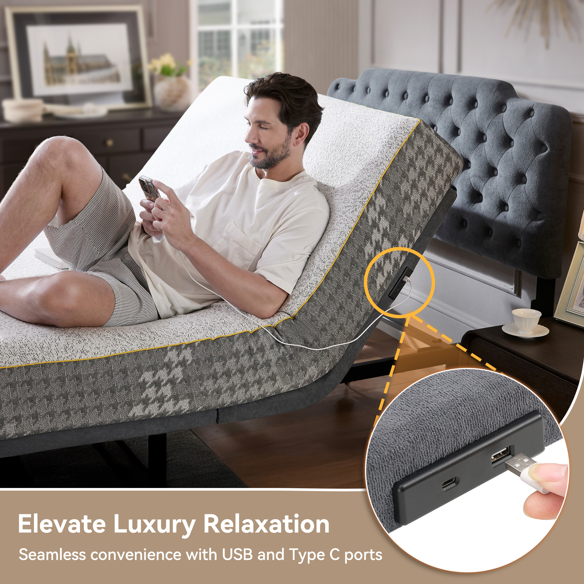 BedsPick Adjustable Bed Frame Queen - Wireless Remote and Headboard,Zero Gravity Adjustable Bed Base,4 Ports USB A&C,Electric Bed,Memory Position,Independent Head and Foot Incline,Stress Relief