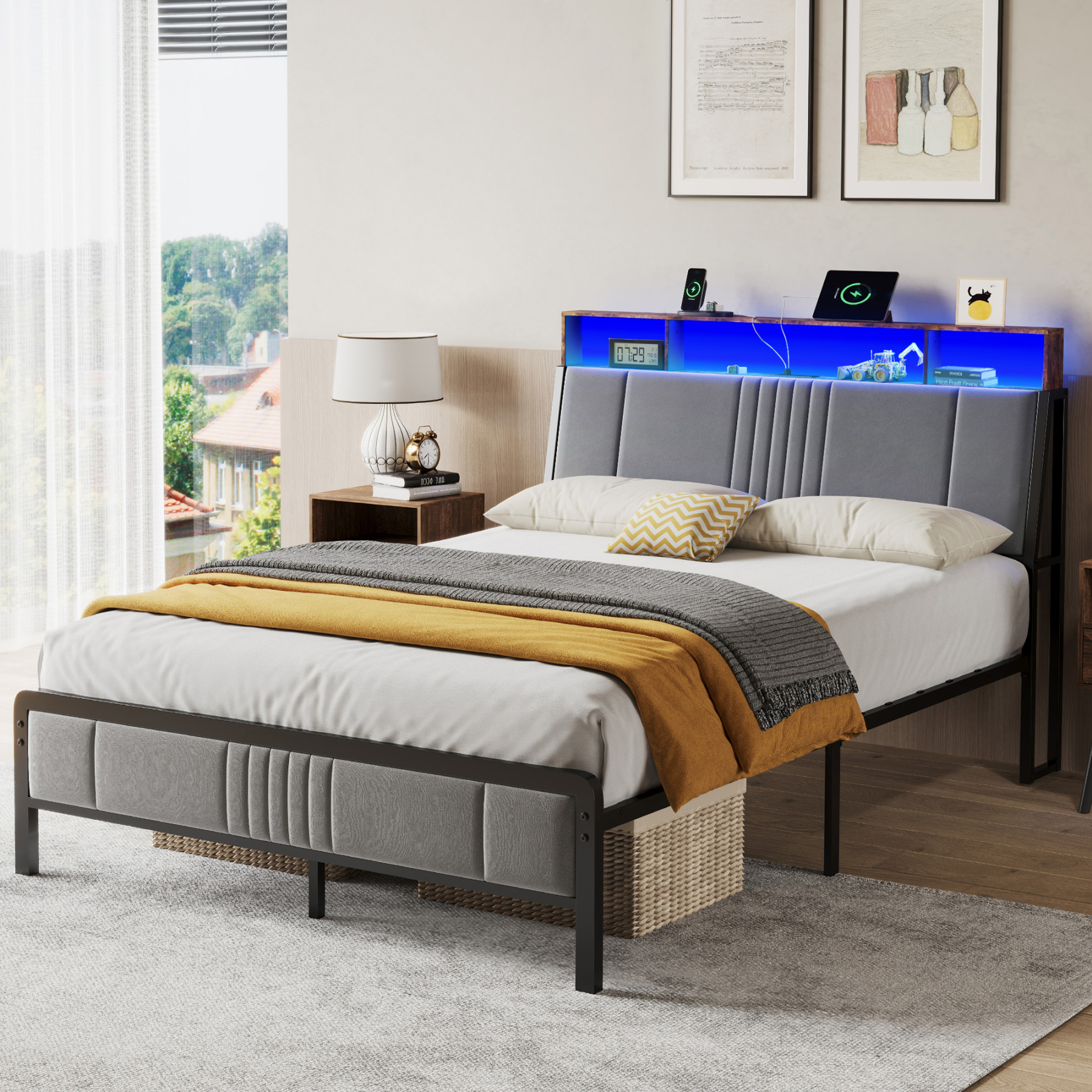 BedsPick Bed Frame with Ergonomic Headboard, Upholstered Metal Platform Bed Queen Size with 2-Tier Storage, Charging Station, Smart LED Lights, Easy Assembly, No Box Spring Needed, Gray