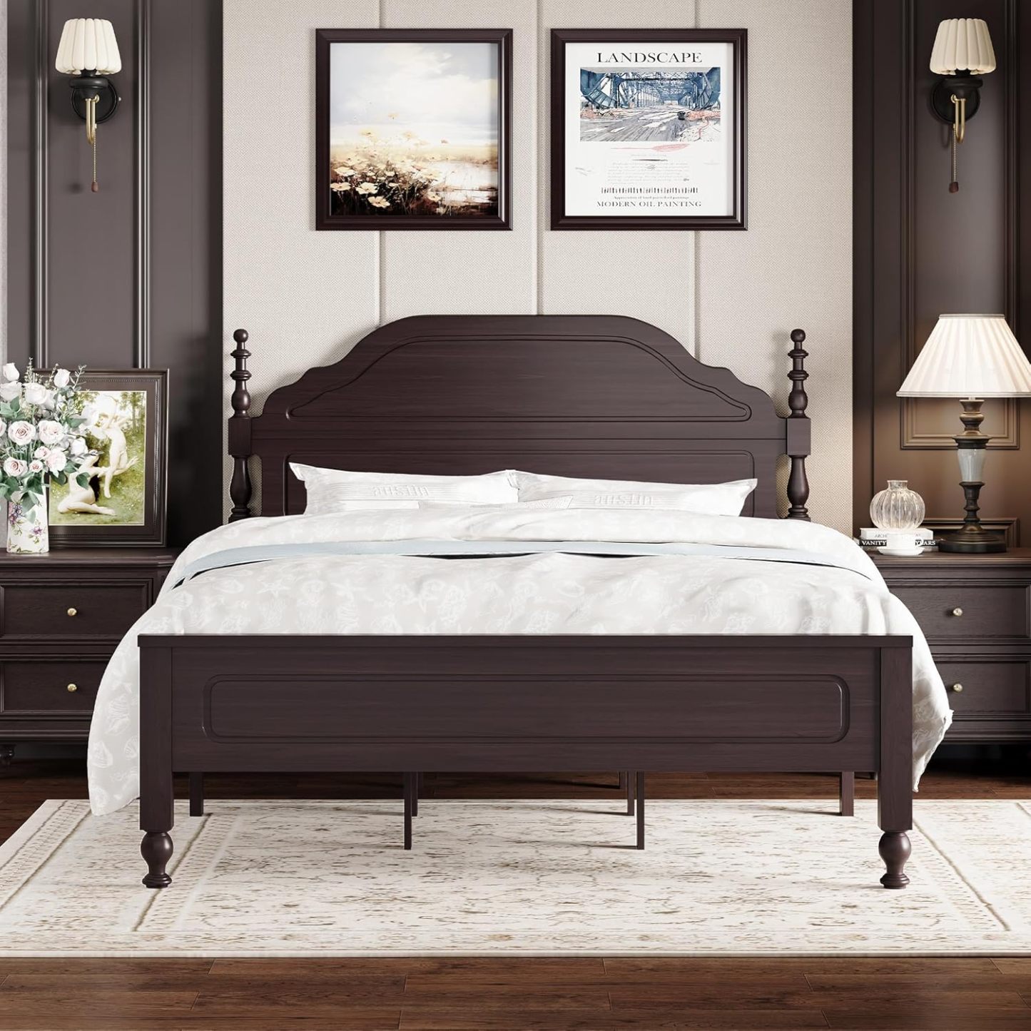 BedsPick Solid Wood Bed Frame Queen Size, Wooden Retro Style Platform Bed Frame with Headboard and Footboard