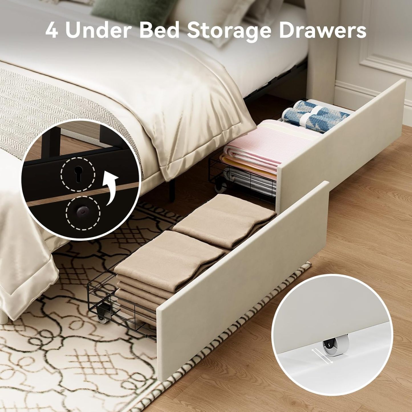 BedsPick Bed Frame with 4 Storage Drawers and Wingback Headboard