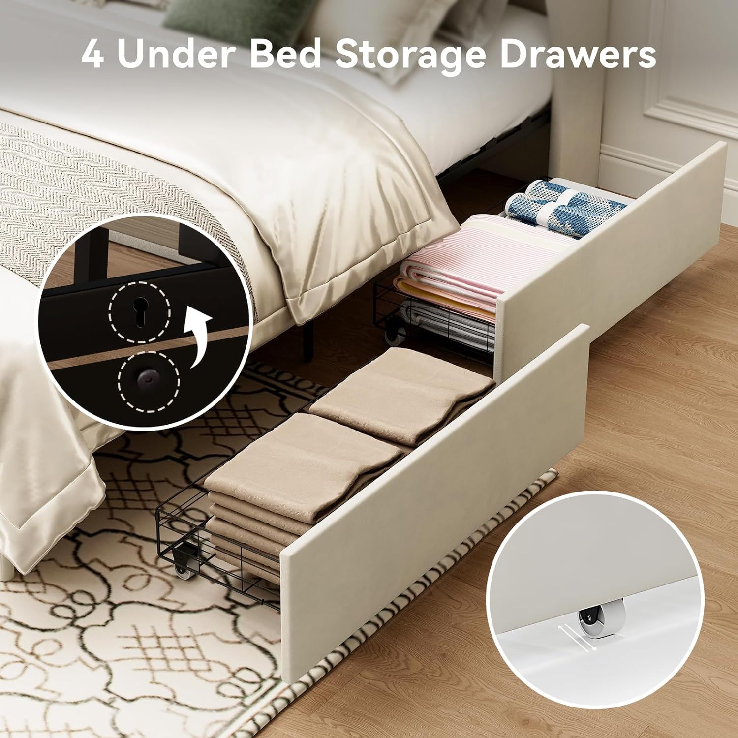 BedsPick Bed Frame with 4 Storage Drawers and Wingback Headboard