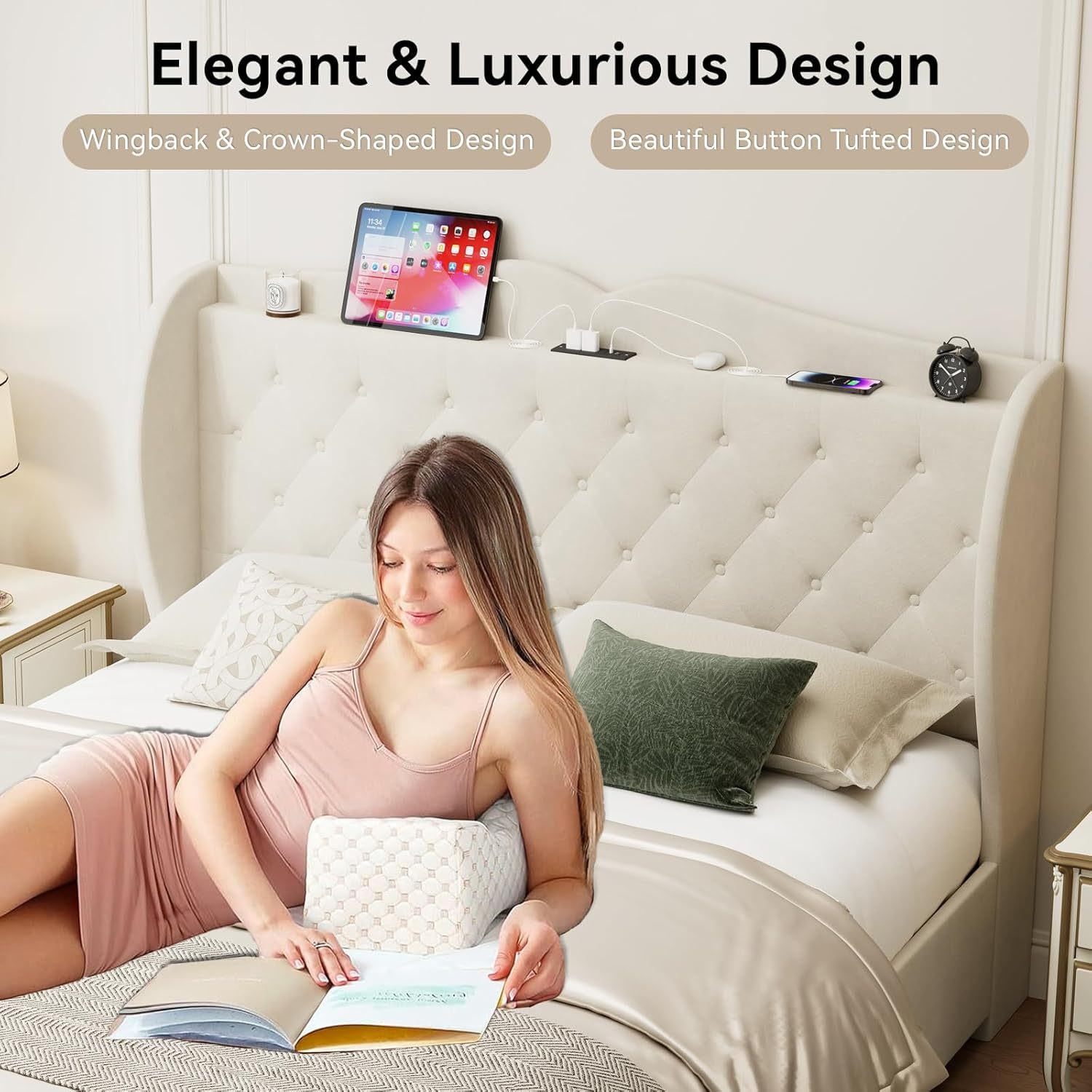 BedsPick Bed Frame with 4 Storage Drawers and Wingback Headboard