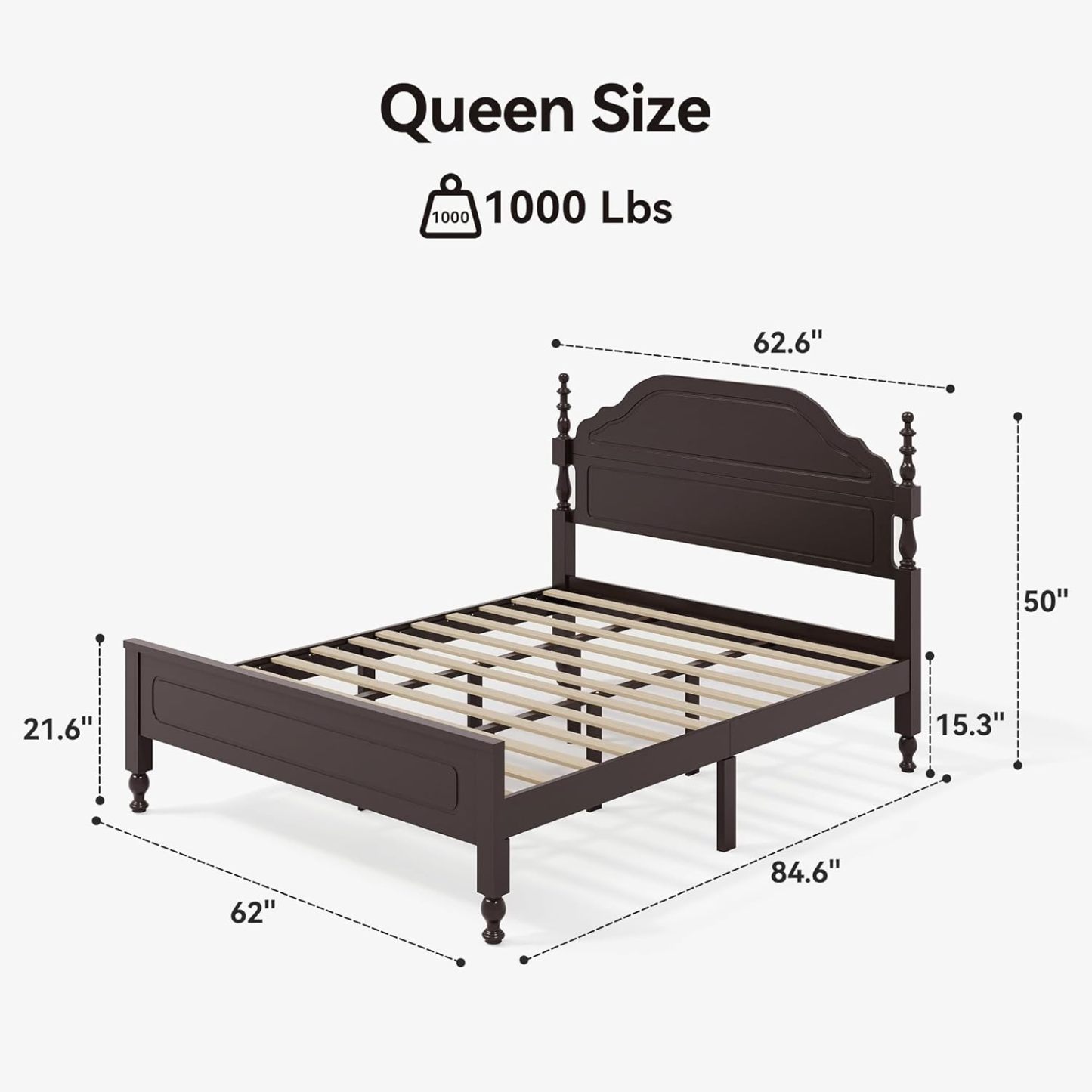 BedsPick Solid Wood Bed Frame Queen Size, Wooden Retro Style Platform Bed Frame with Headboard and Footboard