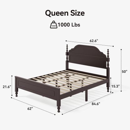 BedsPick Solid Wood Bed Frame Queen Size, Wooden Retro Style Platform Bed Frame with Headboard and Footboard