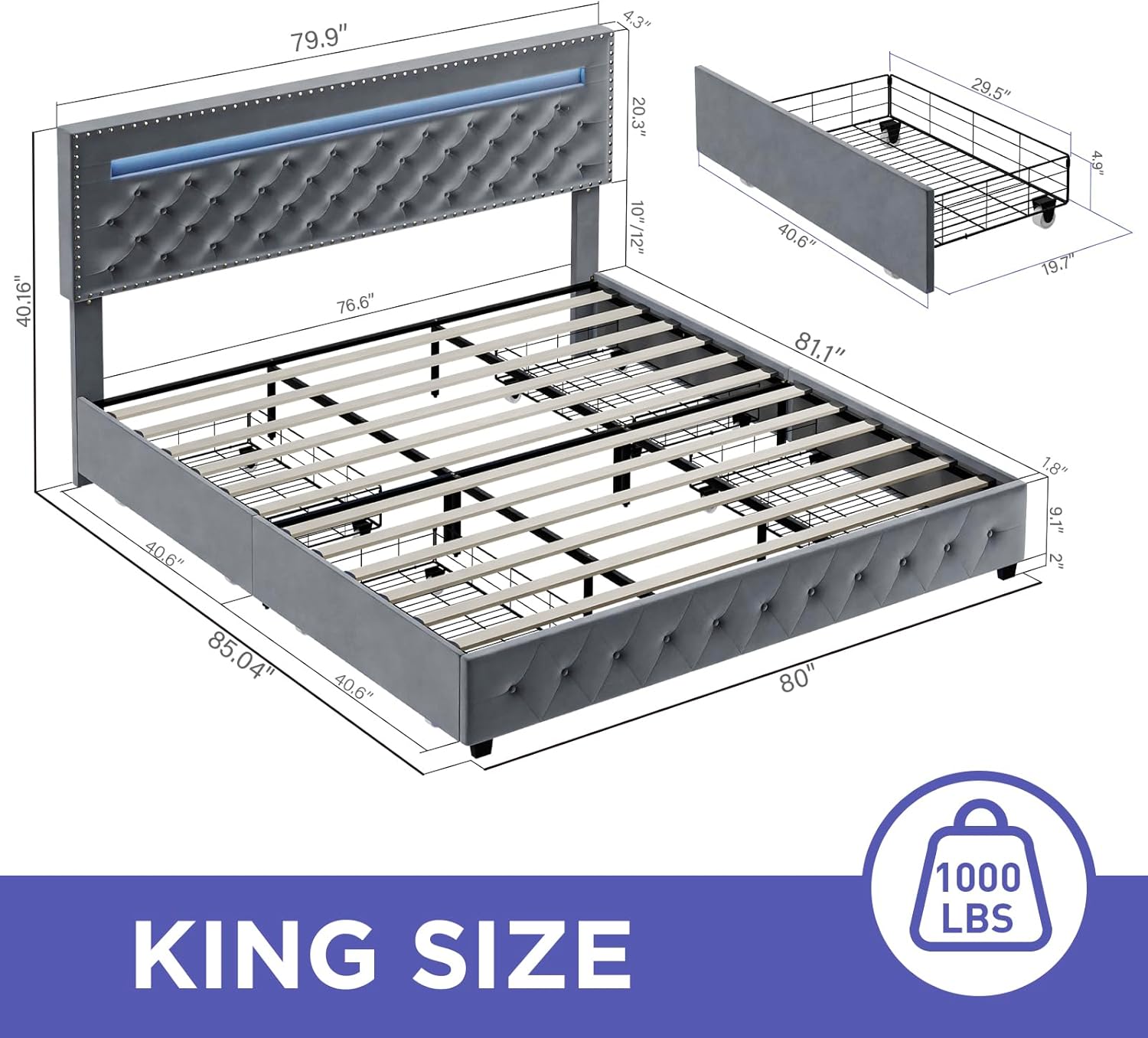 BedsPick King Size Bed Frame with LED Lights