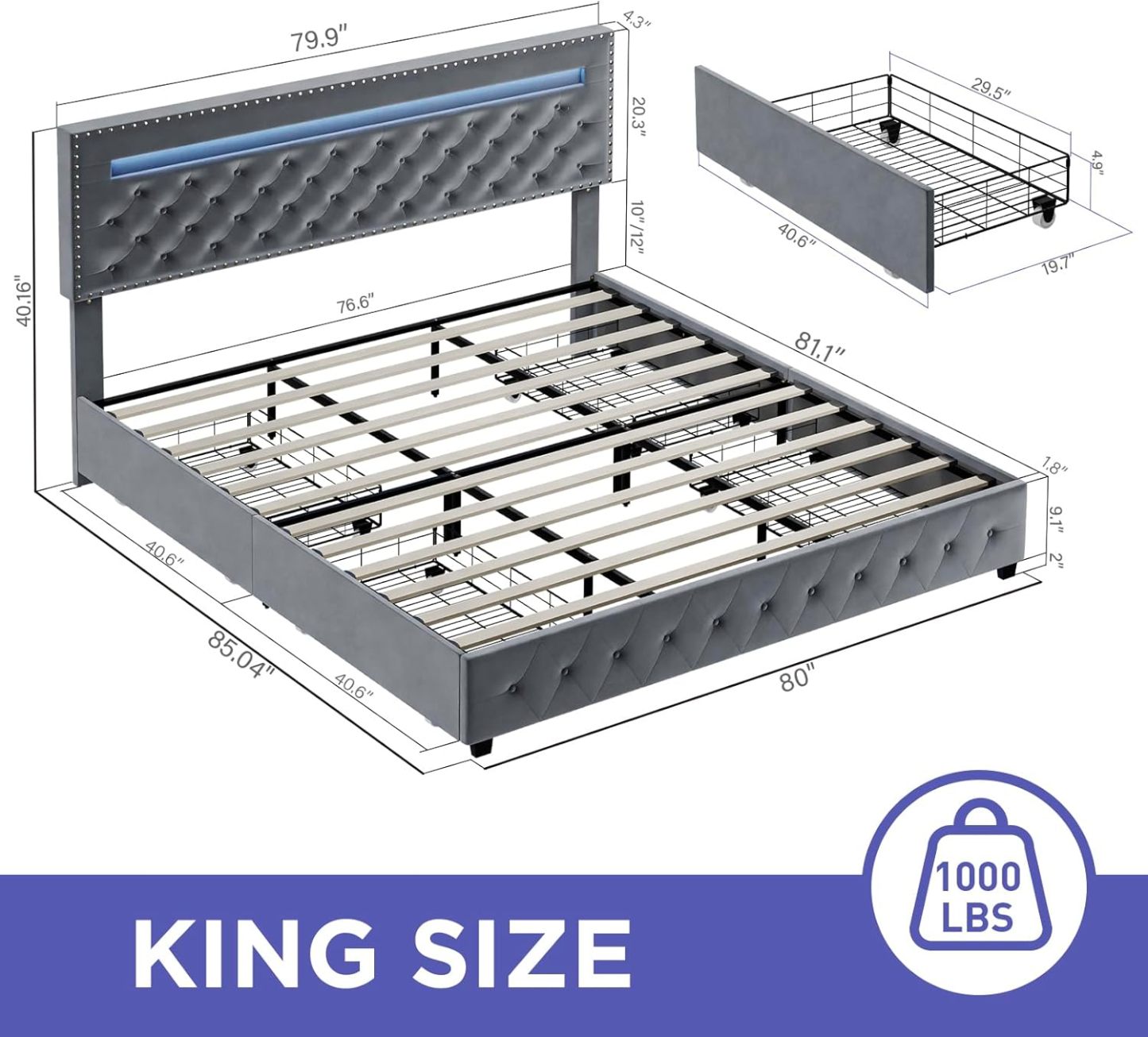 BedsPick King Size Bed Frame with LED Lights