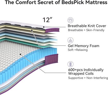 12 inch Hybrid Mattress with Gel Memory Foam, Pocket Spring Upgraded Spinal Support